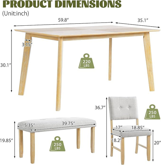 Ball & Cast 6 Piece Dining Room Table Set for 6,Rustic Farmhouse Dining Room Rectangular Table with Upholstered Chairs and Bench,Wood Dining Furniture for Kitchen,Natural Wood Wash