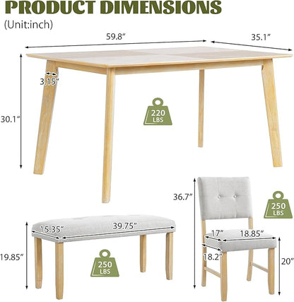 Merax 6 Piece Solid Wood Dining Table Set for 6, Rustic Farmhouse Rectangular with 4 Upholstered Wooden Chairs and 1 Bench, Kitchen Room, Natural Wood Wash