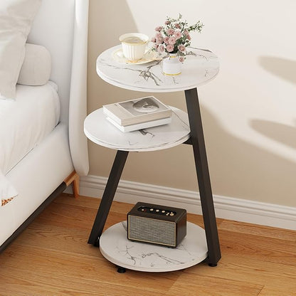 BEWISHOME Round End Table Marble Side Table with Metal Frame, Small Nightstand with 3-Tier Shelves, Night Stand for Living Room Bedroom Tall Black KTZ41H