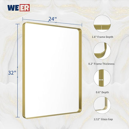WEER Gold Bathroom Mirror, 24X32 Inch Brushed Gold Metal Frame Mirror, Rounded Rectangle Gold Bathroom Vanity Mirror for Wall, Tempered Glass, Anti-Rust, Hangs Horizontally or Vertically