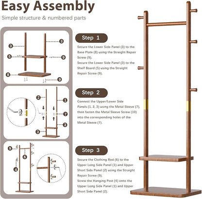 Solid Wood Coat Rack Clothes Rack, Coat Rack Freestanding with 2 Shelves and 5 Hooks, Heavy Duty Coat Tree for Entryway, Living room, Coat Hanger Stand for Hats, Bags Clothes(Walnut Brown)