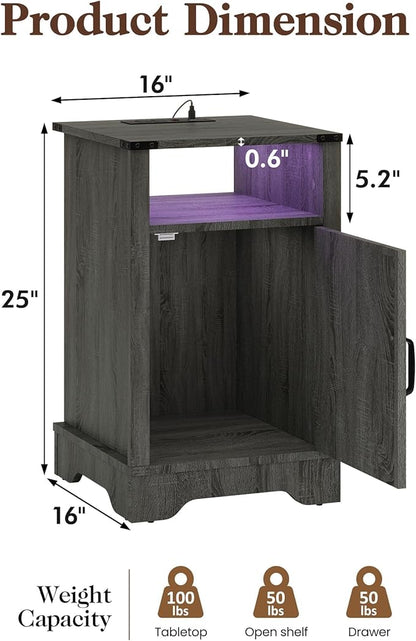 RoyalCraft Farmhouse Nightstand, Grey Night Stand with LED Lights and Charging Station, Bedside Table Set of 1 with Storage and Door, Wood End Table for Bedroom, Home Office, Dark Grey