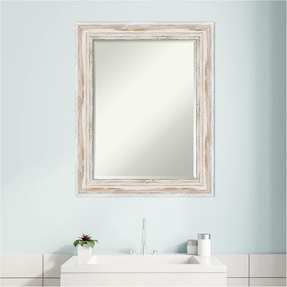 Amanti Art White Bathroom Mirror for Over Sink, 29x23 Alexandria White Wash Rectangle Vanity Mirror, Medium Coastal Wood Frame, Hangs Horizonally and Vertically, Bathroom Wall Decor, Beveled Edge