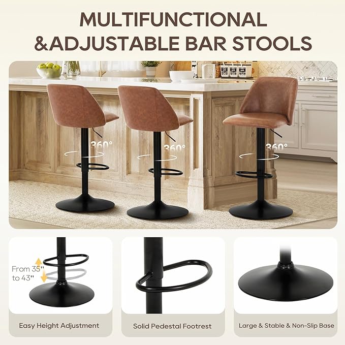 COLAMY Bar Stools Set of 2, Modern Swivel Bar Chairs, Adjustable PU Leather Upholstered Barstools Counter Height with Full Backrest for Bar, Dining Room, Kitchen Island, Brown