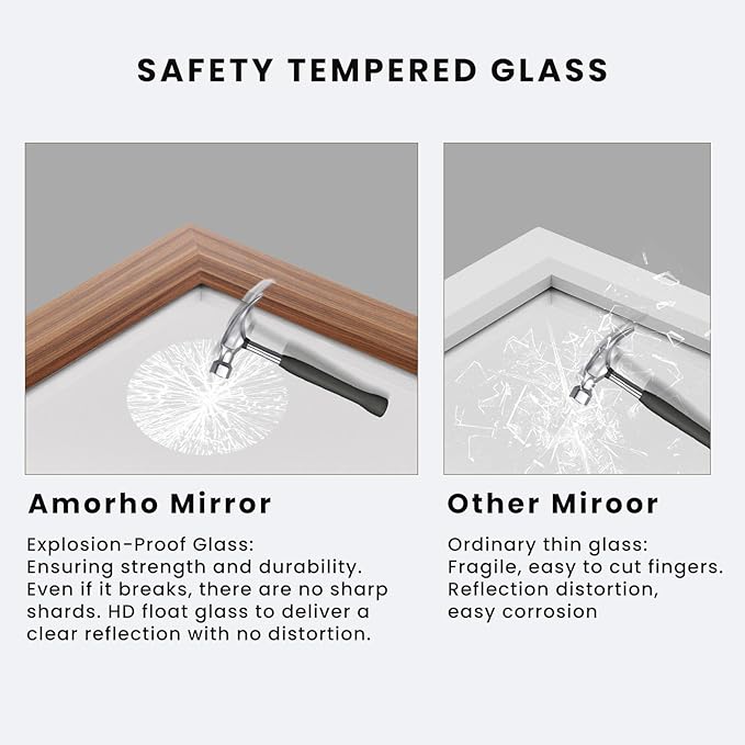 Amorho 72 X36 Inch Bathroom Mirror for Wall, Walnut Wood Grain Metal Framed, Anti-Rust, Hang Horizontally/Vertically, Suitable for Bedroom, Farmhouse, Bathroom, Decorative