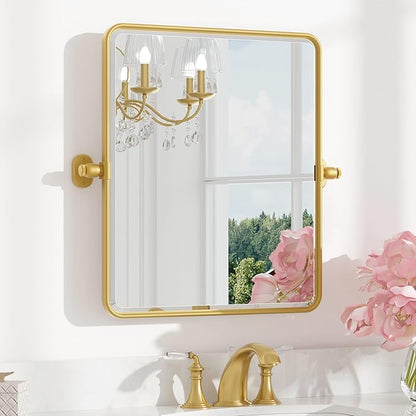 Keonjinn Gold Pivot Mirror Bathroom, 20x24 In Beveled Tilt Mirror Bathroom, Brushed Gold Modern Rectangular Metal Framed Mirrors, Rounded Corner Rectangular Vanity Mirrors for Wall,Horizontal/Vertical