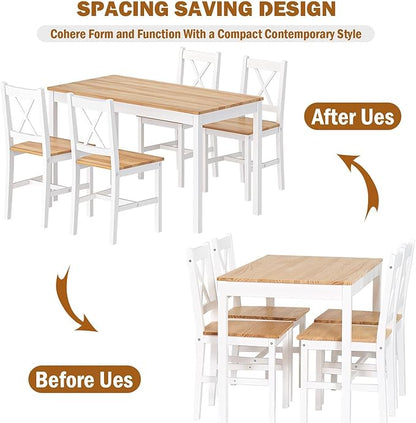 SogesPower Dining Table Set for 4, Wood Rectangular Kitchen Dining Table Set with 4 Chairs, 5-Piece Space-Saving Kitchen Table Set for Dining Room Small Space, White+Oak 43"