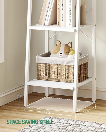Ladder Shelf, Bookshelf Bookcase, Freestanding Corner Storage Shelve with 2 Hooks for Home Office, Living Room, Kitchen, Bedroom, Industrial, 4-Tier White BC13213W