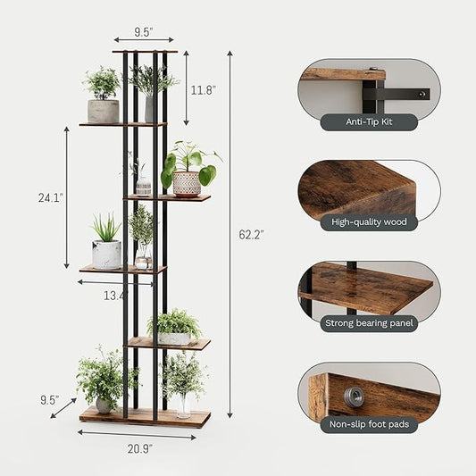 Bookshelf，Small Bookcase for Small Space，6-Tier Bookshelf for Living Room, Home Office, Study，9.45 x 20.8 x 62.2 Inches,Rustic Borwn