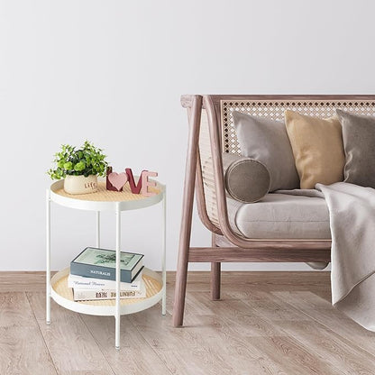 TeoKJ All Metal Side Table, 2 Tier Anti Rust End Table with Imitation Rattan Pattern on Removable Trays, Round Table for Living Room, Small Nightstand for Bedroom 20.47 Inch x 16.54 Inch Pearl White