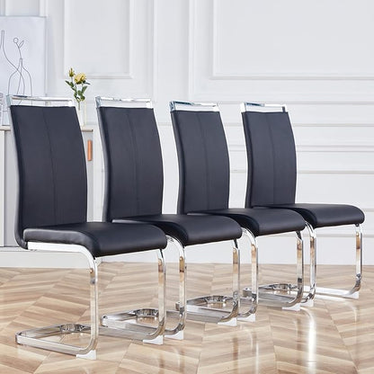 Dining Chairs Set, Kitchen Modern Metal Chairs with Faux Leather Padded Seat High Back and Sturdy Chrome Legs, Chairs for Dining Room (Black-1, Set of 4)