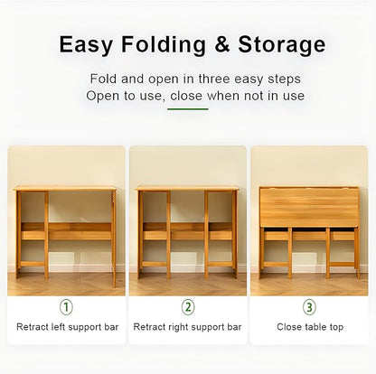 Folding Desk with Bookshelf, 40.6 Inch Computer Table Space Saving, Small Foldable Student Writing Desk for Home Bedroom Study Office Bamboo Wooden Workstation, Wood Color (41×21IN)