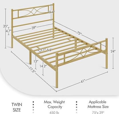 Yaheetech Twin Metal Bed Frame, Platform Bed Frame, Mattress Foundation with Curved Design Headboard & Footboard, Heavy-Duty Support, Easy Assembly, Twin, Antique Gold