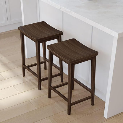 Plank+Beam Smythe Counter Stool, 24", Set of 2, Sturdy Wood Modern Kitchen Counter Height Stool, Saddle Seat Backless Counter Chair, Metal Footrest, Walnut