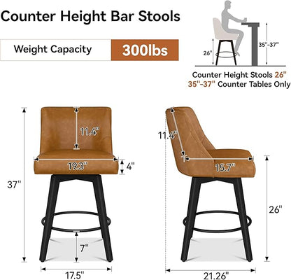 Counter Height Bar Stools Set of 4, Modern Swivel Barstools with Back and Wood Legs, Faux Leather Upholstered Bar Chairs, 26" H Kitchen Counter Stools, Kitchen Island Home Bar, Whisky Brown