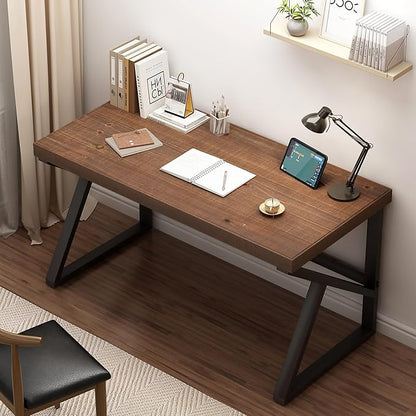 IBF Natural Real Wood Desk, Minimalist 47” Solid Wood Computer Desk, Rustic Desk for Home Office Writing Study, Vintage Industrial Wooden PC Gaming Workstation Computer Table, Brown, 47 Inch