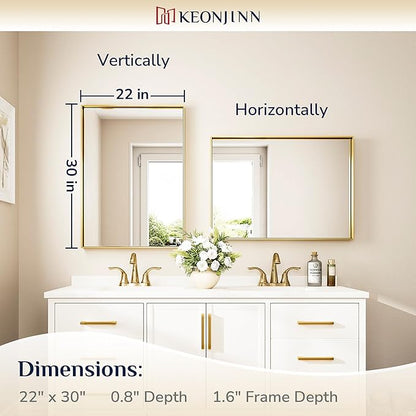 Keonjinn Brushed Shiny Gold Bathroom Mirror 22 x 30 Inch, Rectangle Gold Vanity Mirror for Wall, Aluminum Alloy Metal Framed, Modern Farmhouse, Square Corner, Brass Mirrors for Over Sink