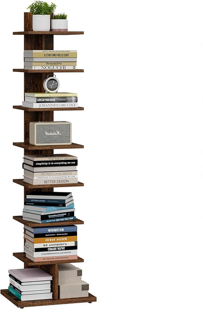 TUTOTAK Narrow Bookshelf, 8-Tier Bookcase, Spine Book Shelf for Small Space, Corner Standing Shelf for Living Room, Office, Study, Entryway, Rustic Brown BS06BB008
