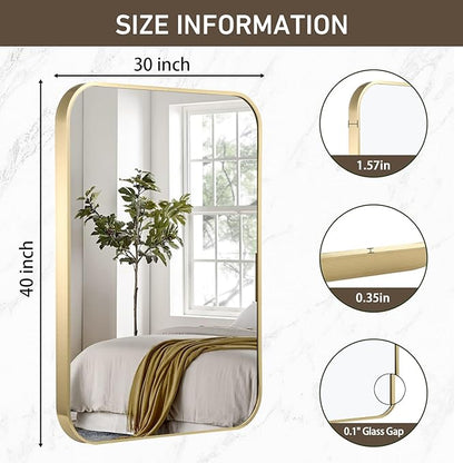 Gold Bathroom Mirror, 40x30 Inch Brushed Gold Mirror, Aluminum Alloy Framed Rectangle Bathroom Mirror for Over Sink, Anti-Rust Wall Mirror (Horizontally or Vertically)