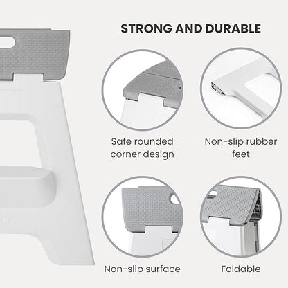 Vigar Compact Step Stool Foldable, 16-inch Two-Step Stools for Adults up to 330 Pound, Lightweight Stool, Non-Slip Folding Step Stool, Gray