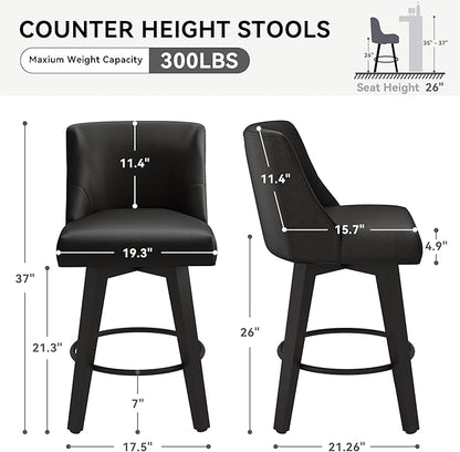 Counter Height Swivel Bar Stools Set of 3, 26 Inch Bar Stools with Footrest, Faux Leather Upholstered Barstools with Back and Solid Wood Legs for Kitchen Island, Dining Room,Pub,Black