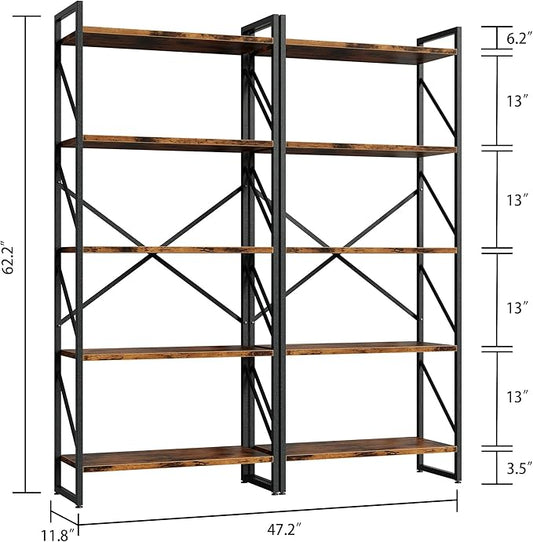 Shintenchi 2 Pieces 5 Tiers Bookshelf, Classically Tall Bookcase Shelf, Industrial Book Rack, Modern Book Holder in Bedroom/Living Room/Home/Office, Storage Rack Shelves for Books/Movies-Rustic Brown