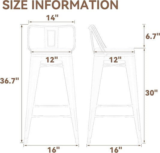 Yongchuang 30 inch Bar Stools Set of 2 Kitchen Bar Height Chairs with Wood Seat Industrial Low Back Metal Barstools Cream White