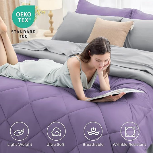 HEVUMYI Cali-King Comforter Set - 7-Piece All Season Bed in a Bag Cali-King, Ultra Soft Bedding Set with Comforter, Flat Sheet, Fitted Sheet, Pillowcases, Pillow Shams, Purple & Light Grey