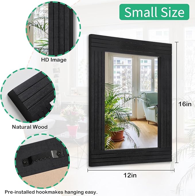 Black Vintage Rustic Wood Framed Wall Mirror Farmhouse Rectanglular Antique Decor Hanging Mirror for Bathroom Bedroom Living Room Entryway Large 16"x12"