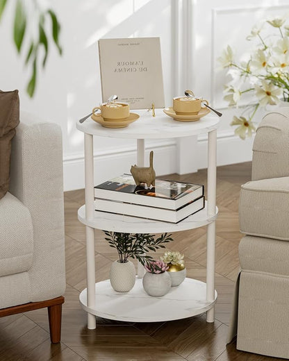Small Round Side Table - 3-Tier Oval Accent Table for Small Spaces, Rustic Wood and Metal Couch End Table, Nightstand for Bedroom or End Table Living Room, Set of 2, Marble White