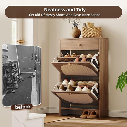 Nicetree Shoe Storage Organizer with 2 Flip Drawers and 1 Drawer, Freestanding Fluted Accent Narrow Shoe Rack, Farmhouse Shoe Cabinet with 3-Tier Adjustable Shelves for Hallway Foyer Rustic