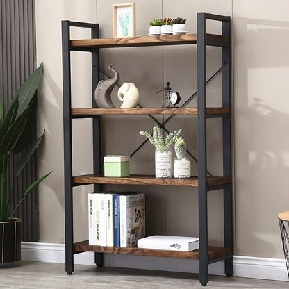 Solid Wood Bookshelf, 4-Tier Rustic Vintage Industrial Etagere Bookcase, Open Metal & Wood Vintage Book Shelf, Retro Brown