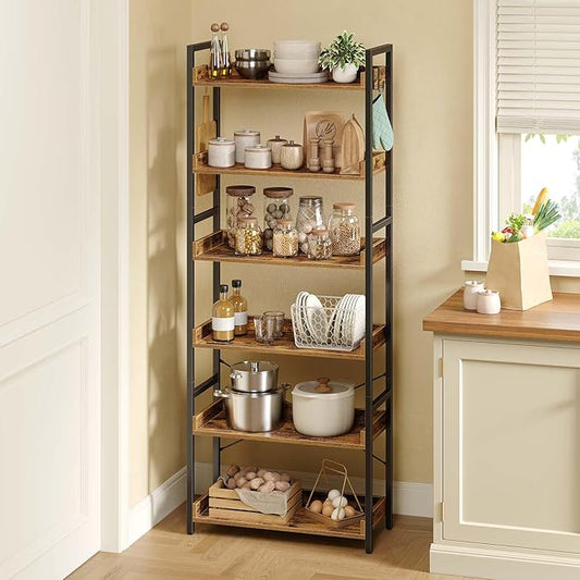 Rolanstar Bookshelf 6 Tier with 4 Hooks, Industrial Bookcase, Vintage Storage Rack with Open Shelves, Rustic Standing Bookshelves Metal Frame Display Rack for Living Room, Bedroom, Rustic Brown