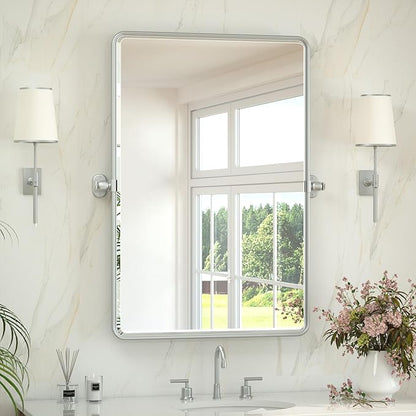 Keonjinn 24 x 36 in Silver Pivot Mirror, Satin Nickel Beveled Tilt Mirror Bathroom Rectangle, Adjustable Tilted Mirrors Bathroom for Over Sink, Framed Vanity Mirrors for Wall (Horizontal/Vertical)