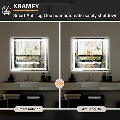 36x36 LED Bathroom Mirror, Backlit + Front Lit, LED Bathroom Mirror with Lights for Wall, 3 Colors, Anti-Fog, Dimmable Brightness, Memory Function, Tempered Glass