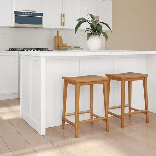 Plank+Beam Smythe Counter Stool, 24", Set of 2, Sturdy Wood Modern Kitchen Counter Height Stool, Saddle Seat Backless Counter Chair, Metal Footrest, Pecan