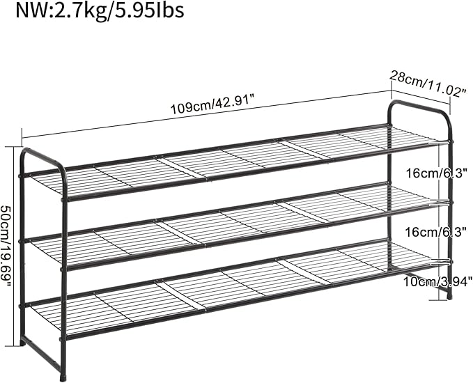 YMYNY Freestanding Shoe Racks, 3 Tiers Stackable & Adjustable Shoe Storage Shelf, Extra Large Capacity Shoe Organizer Stand for 20-24 Pairs, for Entryway, Closet, Bedroom, Black, 42.9" L, UHXJ302B