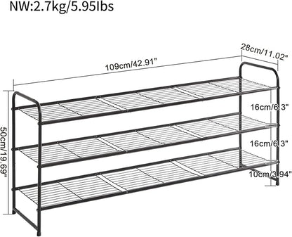 YMYNY Freestanding Shoe Racks, 3 Tiers Stackable & Adjustable Shoe Storage Shelf, Extra Large Capacity Shoe Organizer Stand for 20-24 Pairs, for Entryway, Closet, Bedroom, Black, 42.9" L, UHXJ302B