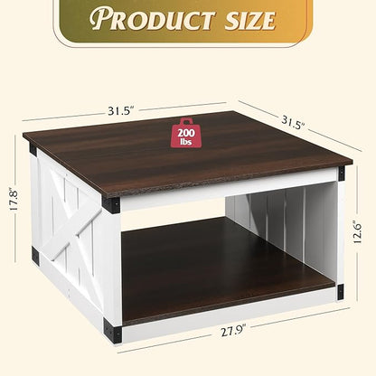 WLIVE Coffee Table, Farmhouse Coffee Table with Open Storage, 31.5" Wood Square Living Room Tables, Rustic Dining Cocktail Center Table for Living Room, Espresso