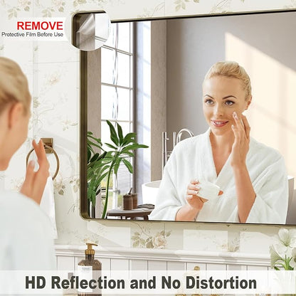 30x36 Inch Bronze Framed Bathroom Mirror, Brushed Bronze Metal Vanity Mirror, Bronze Rectangle Mirror for Wall, Rounded Corner, Anti-Rust, Shatterproof (Horizontal/Vertical)