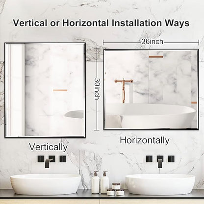 30x36 Inch Black Mirror with Beveled Trim, Aluminum Frame Bathroom Vanity Mirror, Copper-Free Mirror, Rectangle Wall Mounted Mirror, Modern Rectangular Mirror Horizontal or Vertical