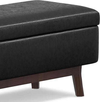 SIMPLIHOME Owen 36 inch Wide Mid Century Modern Small Rectangular Storage Ottoman in Distressed Black Vegan Faux Leather, Assembled, For the Living Room, Entryway and Family Room