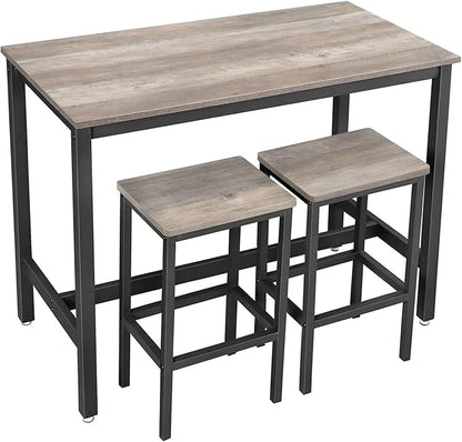 VASAGLE Bar Table Set, Bar Table with 2 Bar Stools, Dining table set, Kitchen Counter with Bar Chairs, Industrial for Kitchen, Living Room, Party Room, Greige and Black ULBT015B02