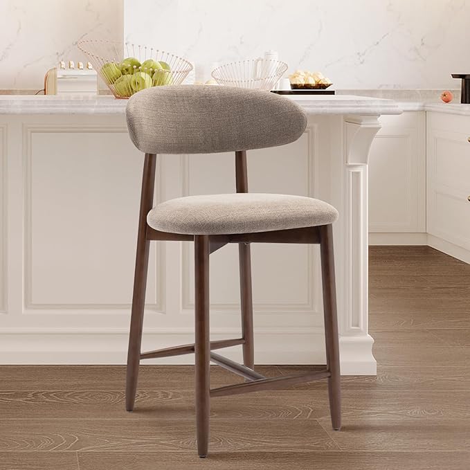 COLAMY Counter Height Bar Stools Set of 6, Kitchen Bar Stools with Back, Mid Century Modern Upholstered, with Wood Legs for Kitchen Island Dining Room, Camel
