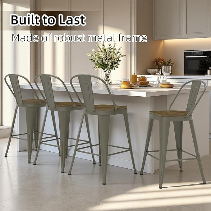 Metal Bar Stools Set of 4, High Back Bar Stools with Wooden Seat, 26 inch Rusty Barstools for Kitchen Island