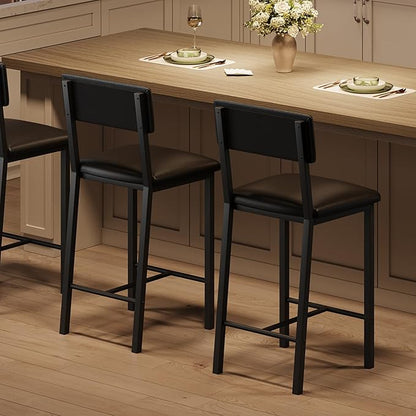 GarveeHome Bar Stools Set of 2, Counter Stools with Back and Thickened Metal Legs, Upholstered PU Leather Counter Height Barstools with Footrest, for Kitchen Island, Bar, Black