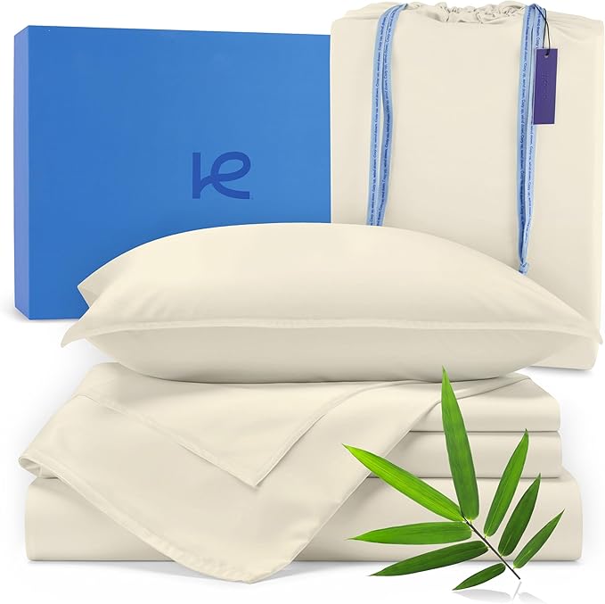 Kickoff Viscose Bamboo Sheets Twin Size 3-pc 100% Organic Bamboo Viscose Bed Cooling Sheets Twin Size Set Cool Bedding for hot Sleepers Sheet, Flat, Fitted, Pillowcase (Buttercream, T)