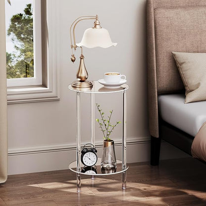 Clear Round Acrylic Side Table Set of 2 for Small Spaces, 11.81" L x 11.81" W x 19.82" H, 2 Tier Small Modern Drink End Table Nightstand, Mini Bedside Table for Living Room, Bedroom, Bathroom