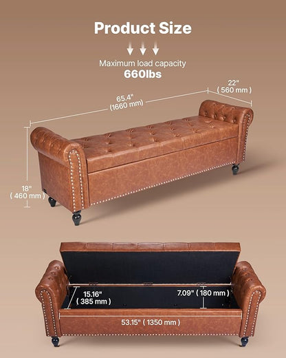 VEVOR Button-Tufted Storage Ottoman Bench, Rolled Arm PU Leather Bench with Solid Wood Legs, Modern Shoe Benches Seat for Entryway, Upholstered End of Bed Benches for Living Room, Dining Room, Brown