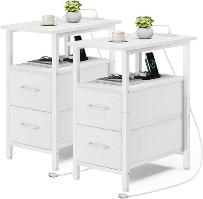 Vagusicc End Table with Charging Station Set of 2, Narrow Side Table, 23.8'' Tall Nightstand with 2 Drawers, Small Sofa Side Table Narrow Nightstand for Small Spaces, Living Room, Bedroom, White
